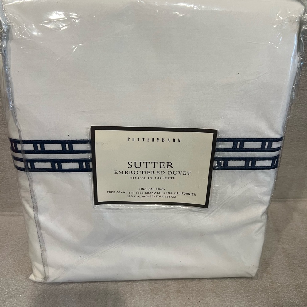 Pottery Barn Sutter Ink Blue Contemporary Embroidered Bed Duvet King California